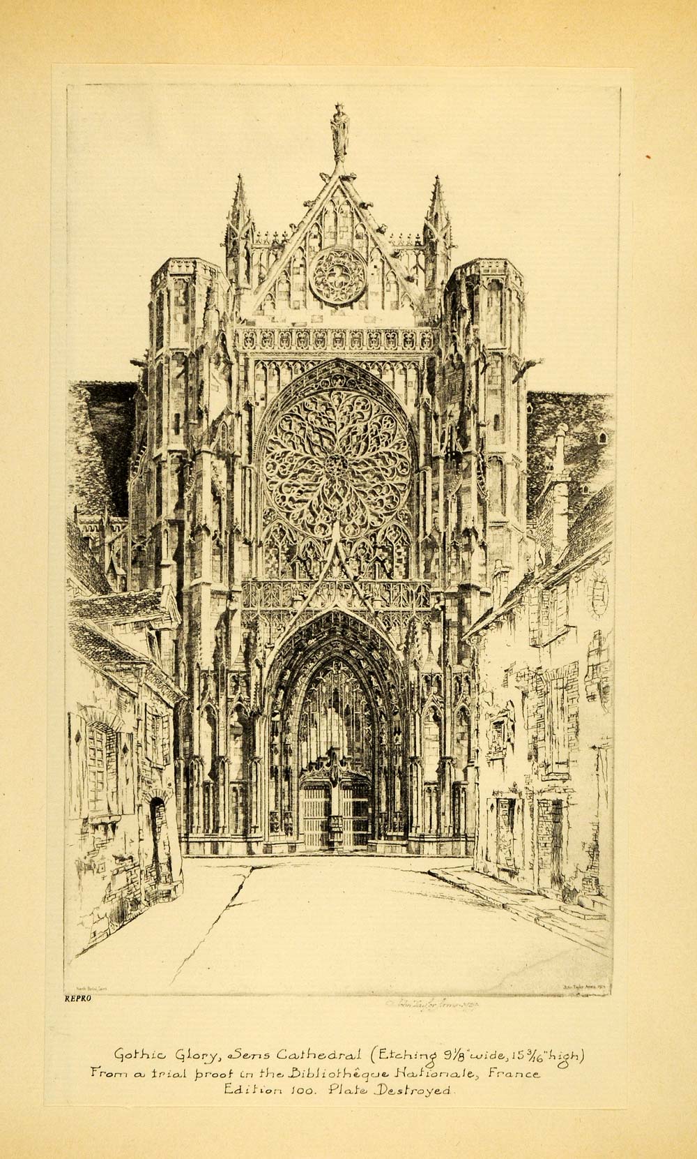 1930 Tipped-In Print John Taylor Adams Art Sens Cathedral France