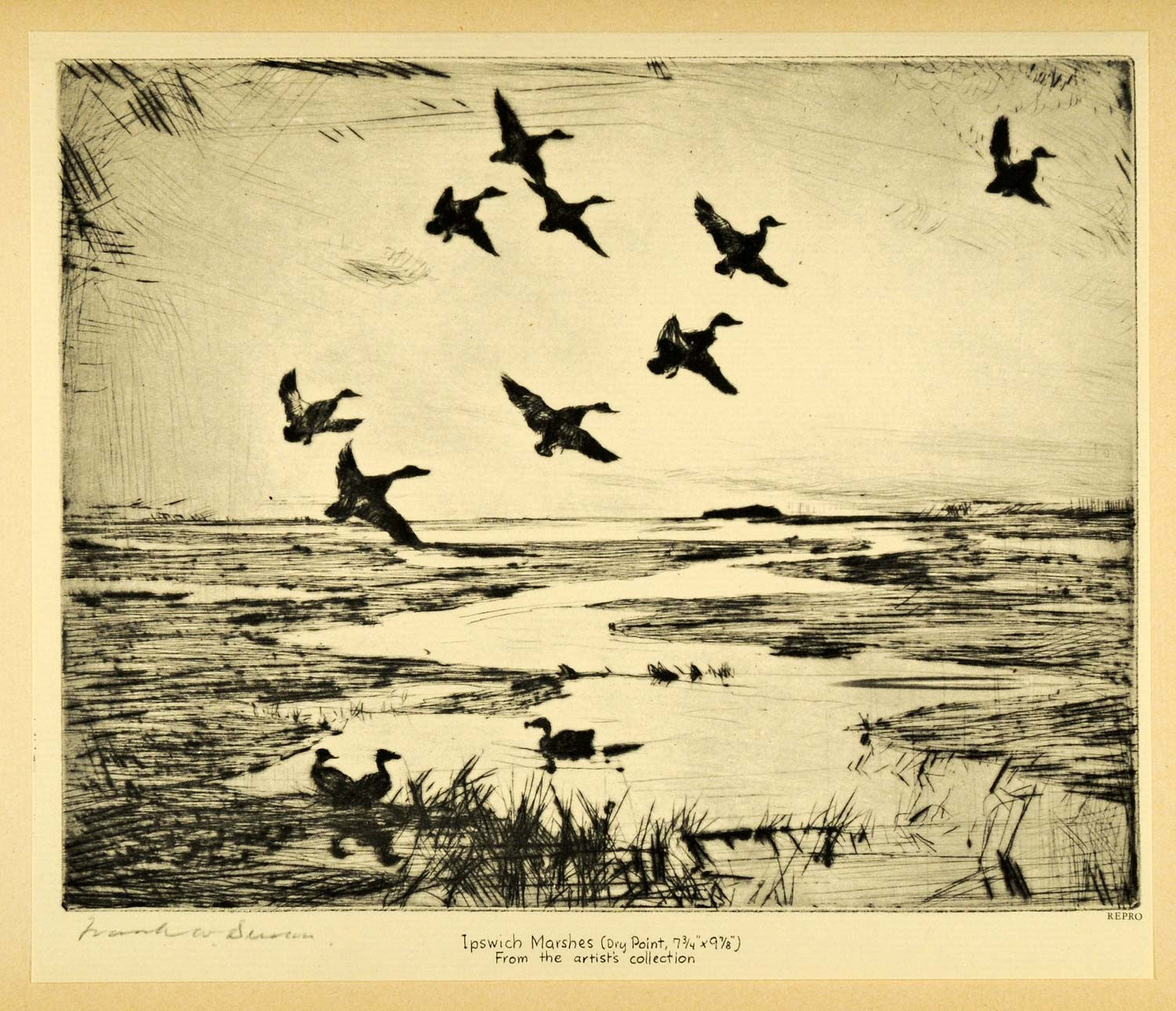 1931 Tipped-In Print Frank W. Benson Sketch Art Ipswich Marshes Ducks Hunting