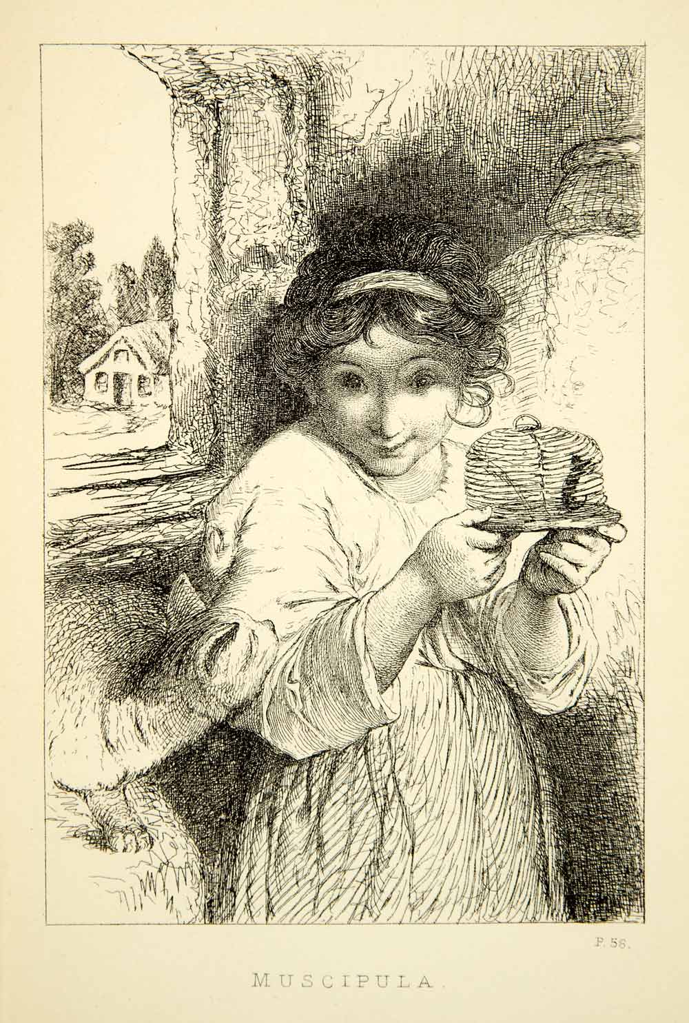 1892 Photolithograph Portrait Muscipula Child Girl Cat Mouse Joshua XACA1