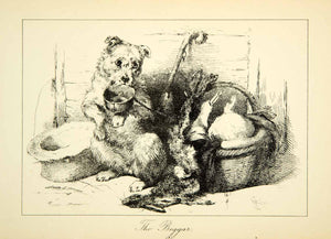 1883 Photolithograph Beggar Dog Rabbit Sir Edwin Landseer Puppy Art Pet XACA6
