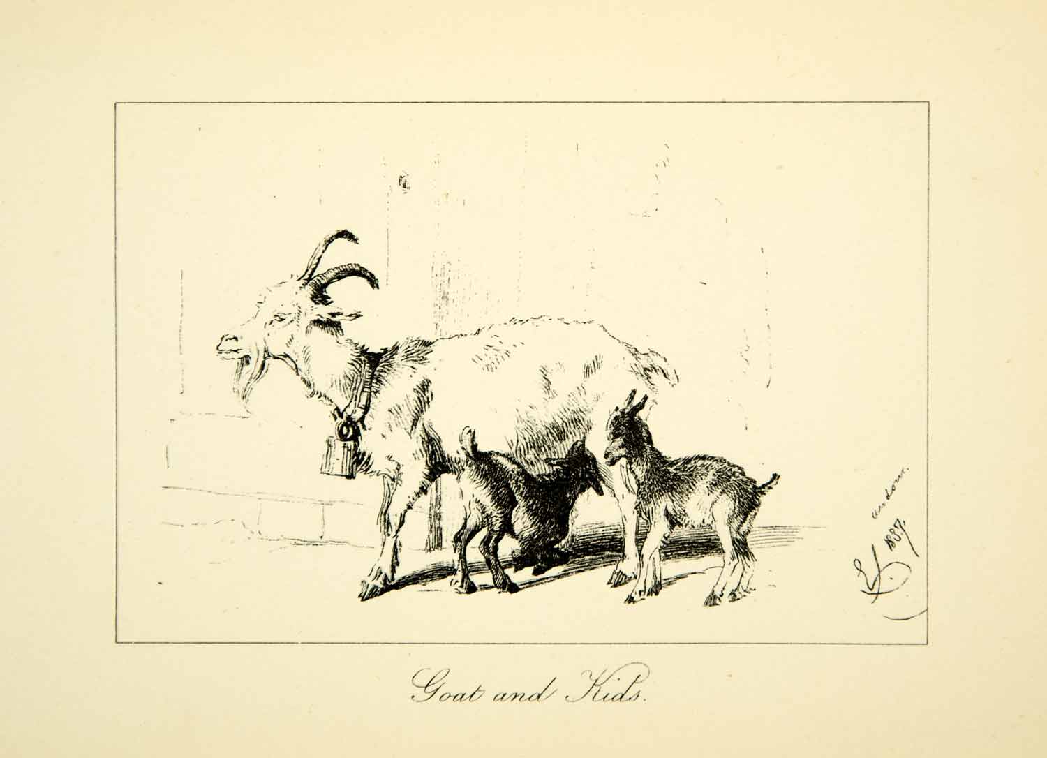 1883 Photolithograph Goat Kids Sir Edwin Landseer C. G. Lewis Art Mother XACA6