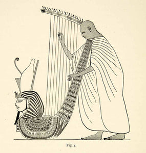 1888 Wood Engraving Ancient Egyptian Hard Player Musician Instrument XACA9