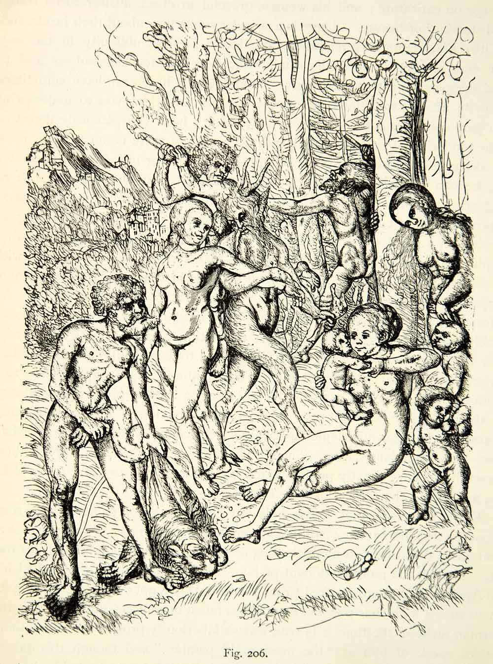 1888 Print Nude Women Family Fauns Lucas Cranach Men Babies Children XACA9