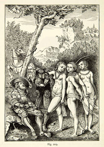 1888 Print Judgment Paris Nude Women Medieval Lucas Cranach Animal Horse XACA9