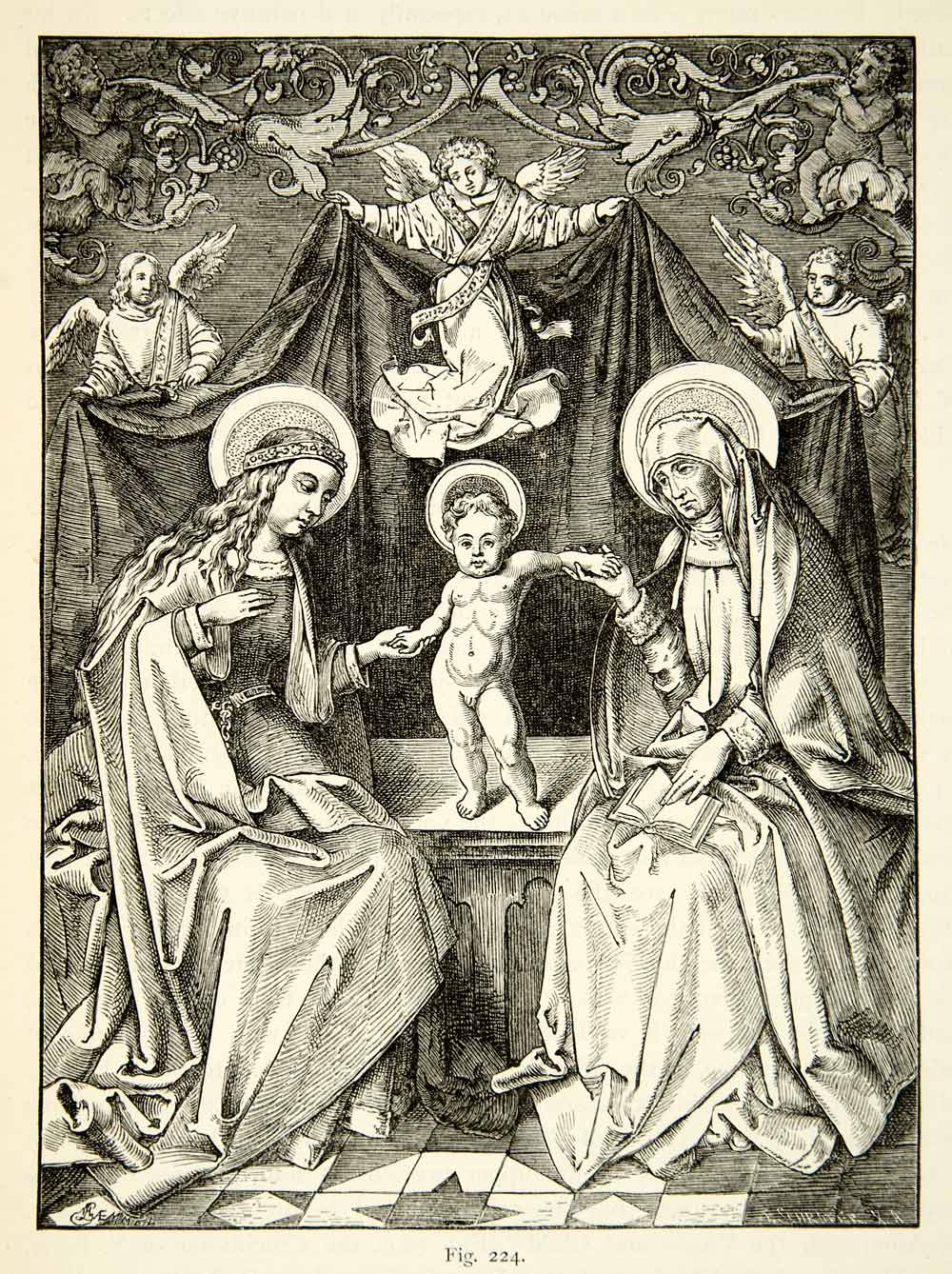 1888 Wood Engraving Anna Selbdritt Hans Holbein Baby Child Religious Saint XACA9