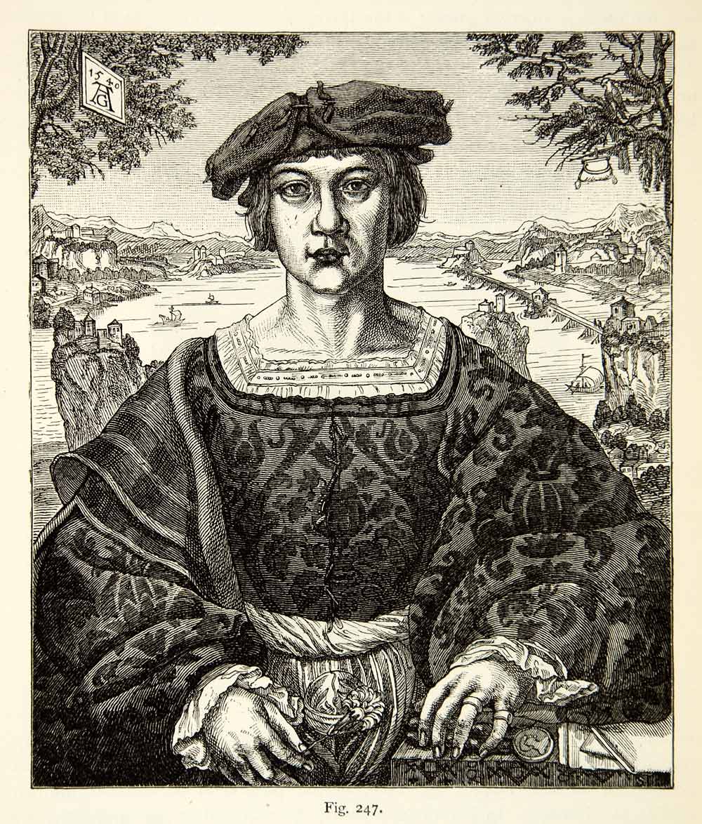 1888 Wood Engraving Portrait Young Man Renaissance Costume Heinrich XACA9