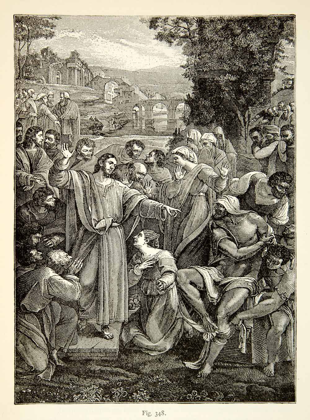 1888 Wood Engraving Resurrection Lazarus Sebastiano Piombo Jesus Religious XACA9