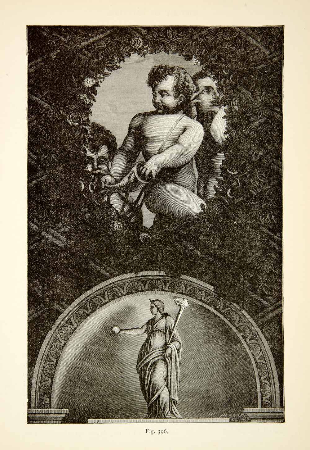 1888 Wood Engraving Mural Cherubs Religious Ornamental Antonio Allegri XACA9