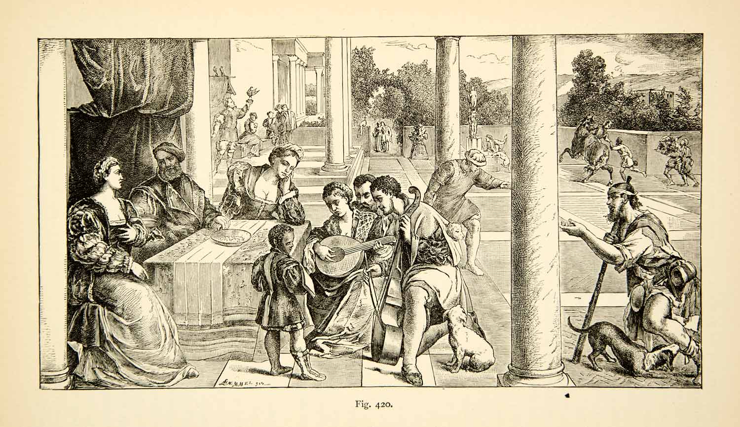 1888 Wood Engraving Rich Man Feast Food Eat Veronese Benifazio Musician XACA9