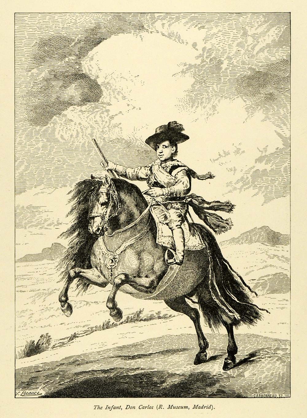 1873 Wood Engraving Infant Don Carlos Spain Horseback Riding Equestrian XAD3