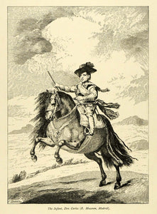 1873 Wood Engraving Infant Don Carlos Spain Horseback Riding Equestrian XAD3