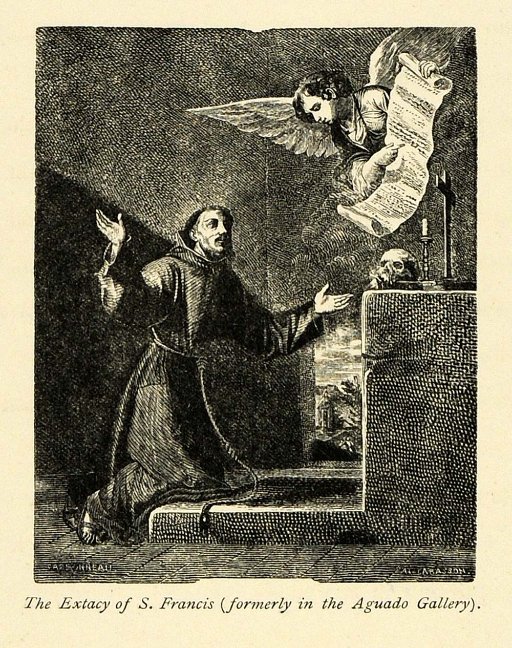 1873 Wood Engraving Religious Art Ecstasy Saint Francis Winged