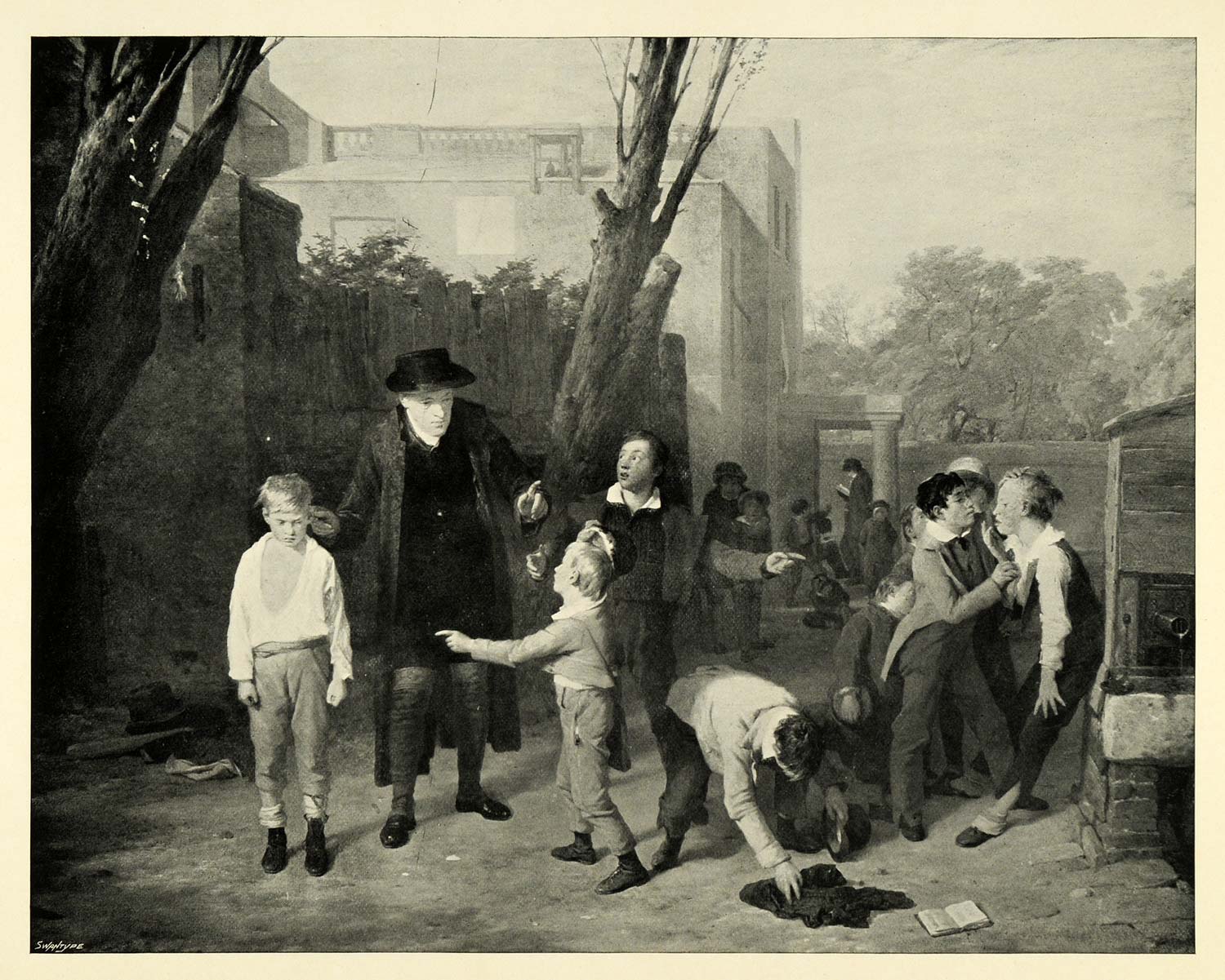 1898 Print Fight Interrupted Children Boys School Yard William Mulready XAD4