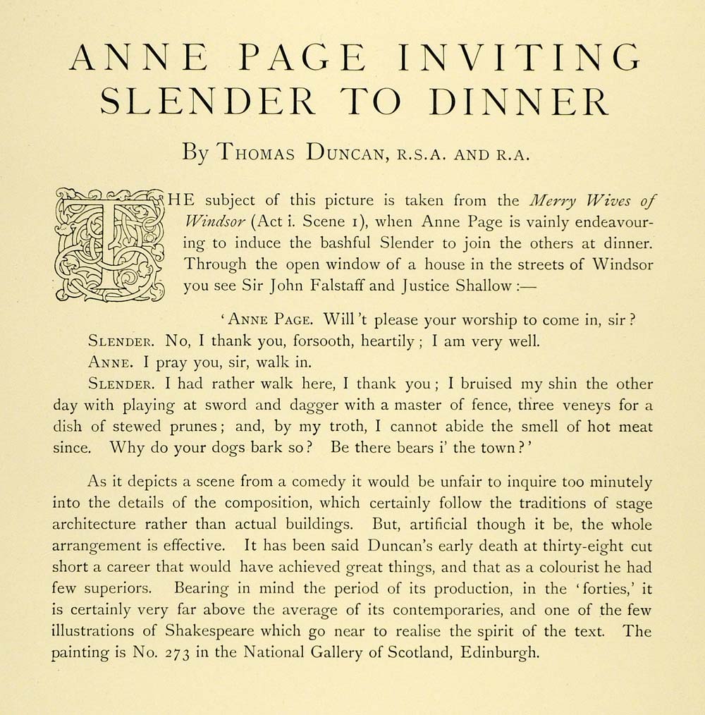 1898 Print Anne Page Inviting Slender Dinner Merry Wives Windsor Thomas XAD4