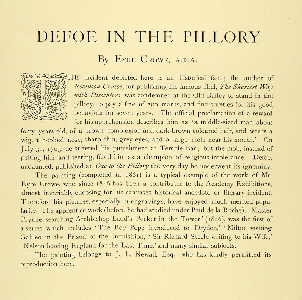 1898 Print Daniel Defoe Pillory Shortest Way Dissenters Cityscape Eyre XAD4