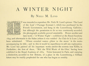 1898 Print Winter Night Landscape Snow Water River Rapids Forest Neils M XAD4