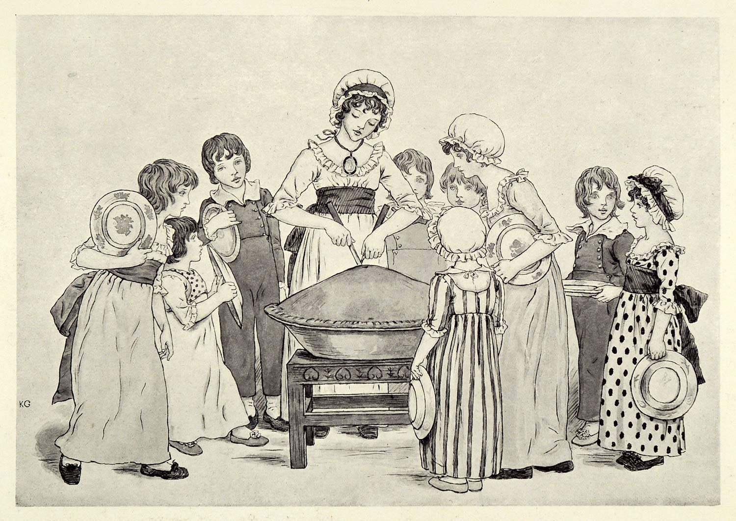 1905 Print Kate Greenaway Art Bonnets Children Nursery Rhyme Giant Apple XAD9