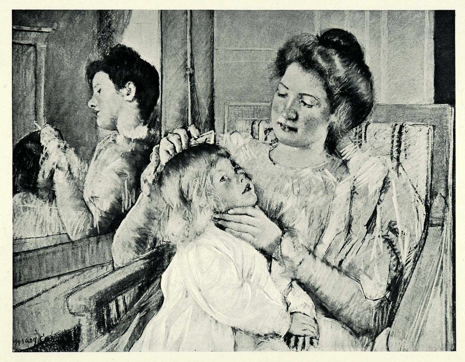 1905 Print Babys Toilette Mother Brushing Daughter Hair Painter Mary XAD9