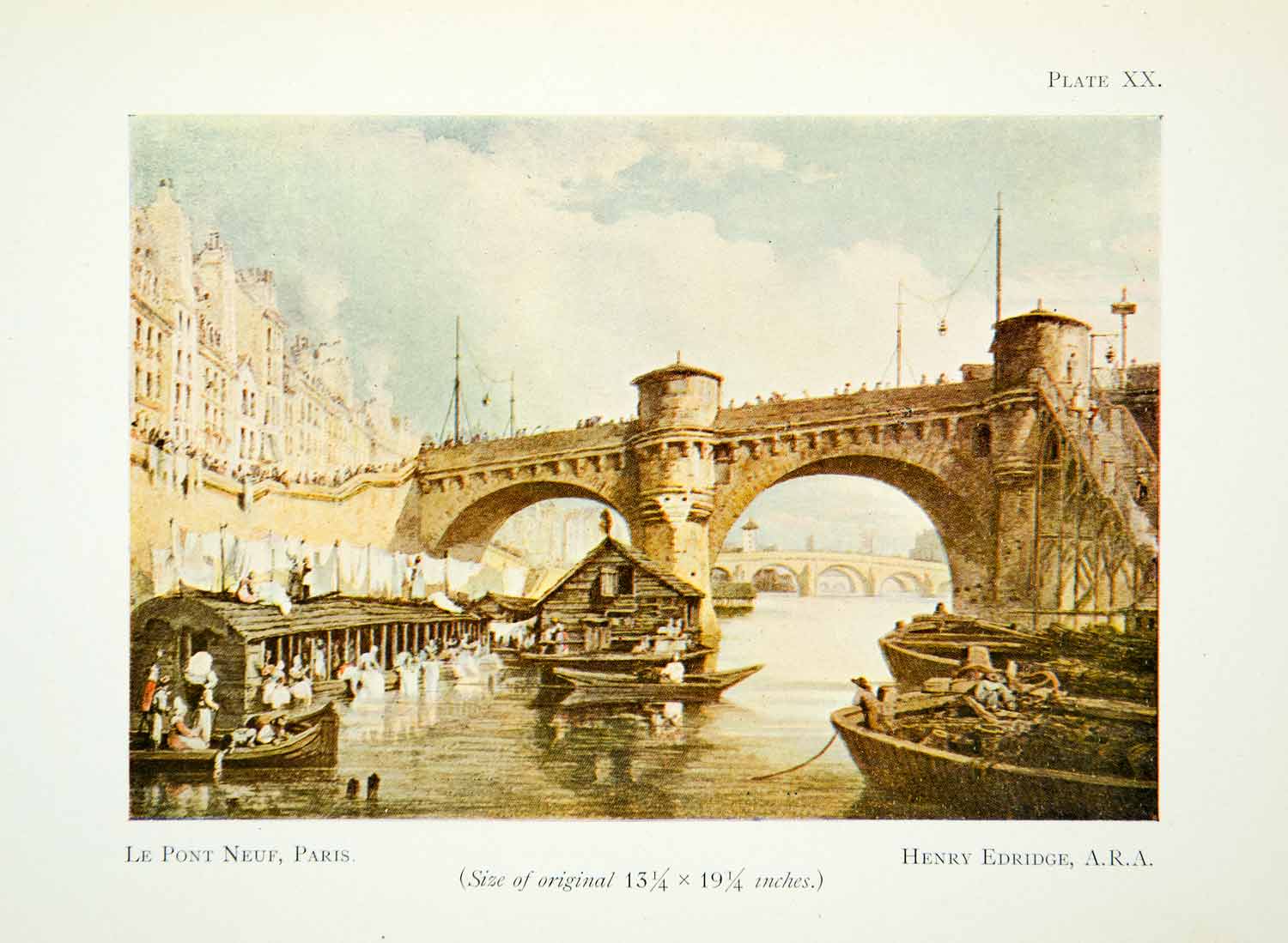 1929 Color Print Famous Paris Bridge Pont Neuf Henry Edridge Boats River XADA5