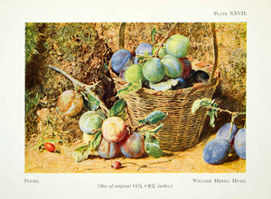 1929 Color Print Still Life Basket Fruit Plums Purple Green William Henry XADA5