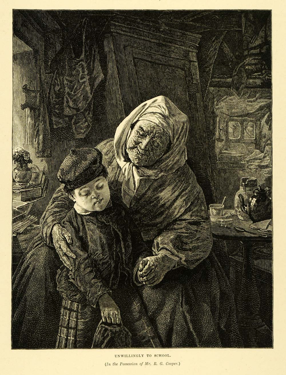 1887 Wood Engraving Unwillingly School Cooper Family Grandma Child Boy Art XAE1