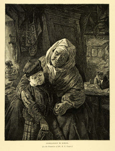 1887 Wood Engraving Unwillingly School Cooper Family Grandma Child Boy Art XAE1