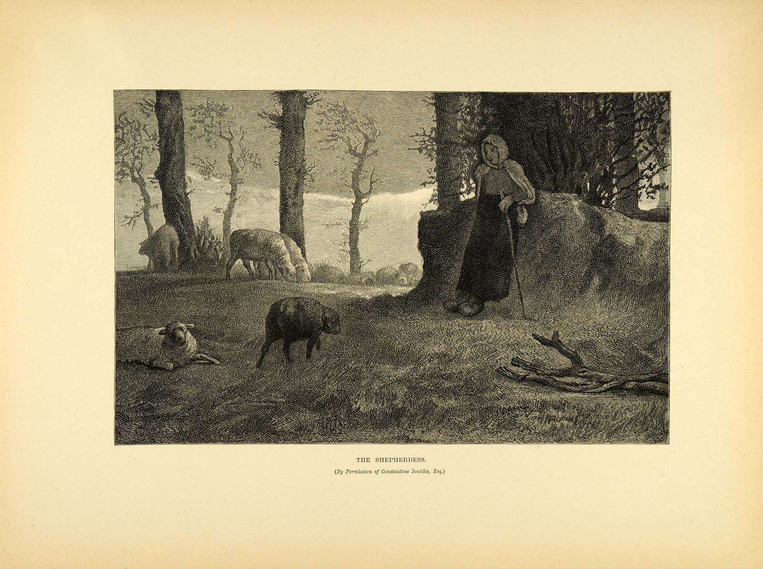 1887 Wood Engraving Sheep Flock Shepherdess Shepherd Farming Farmer Jean XAE1