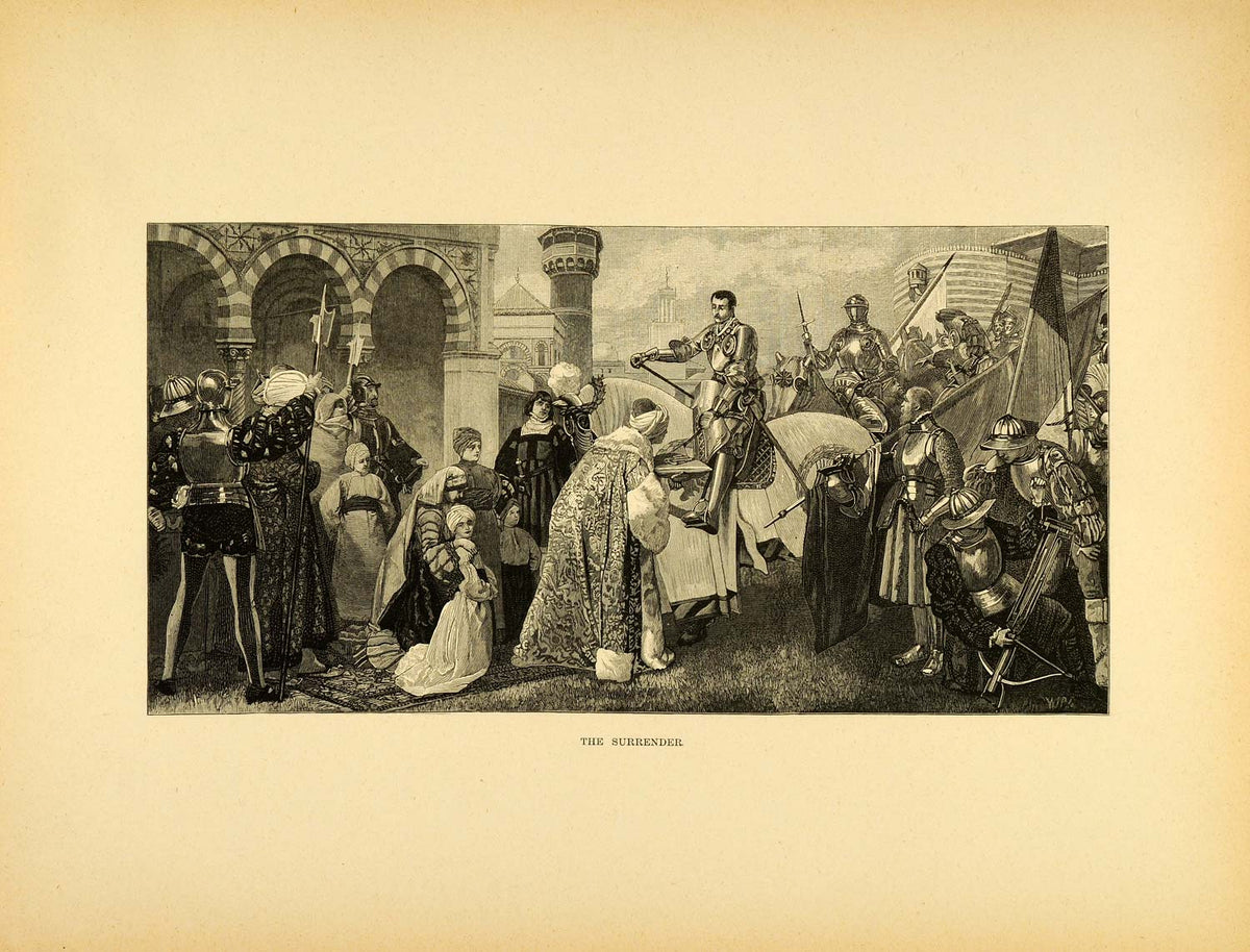 1887 Wood Engraving Surrender Sir James Linton Medieval Horse Armor Kn ...