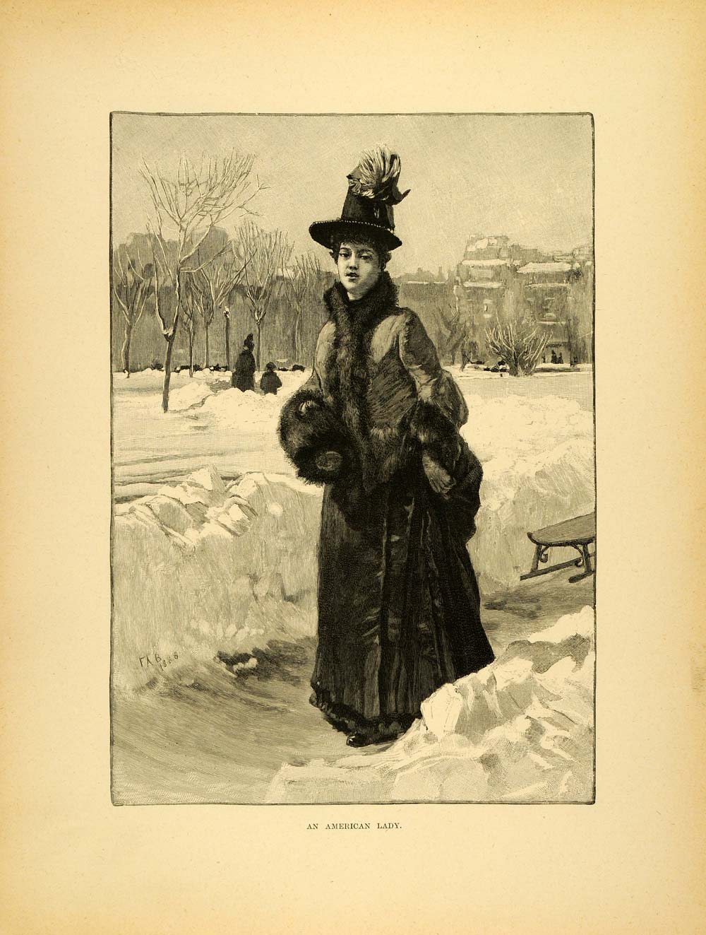1887 Wood Engraving American Lady Portrait Bridgman Fashion Clothing Snow XAE1