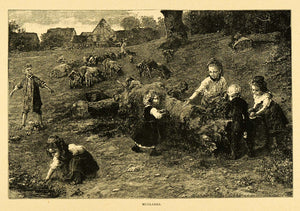 1887 Wood Engraving Mudlarks Children Ludwig Knaus Village Farmyard Cattle XAE1