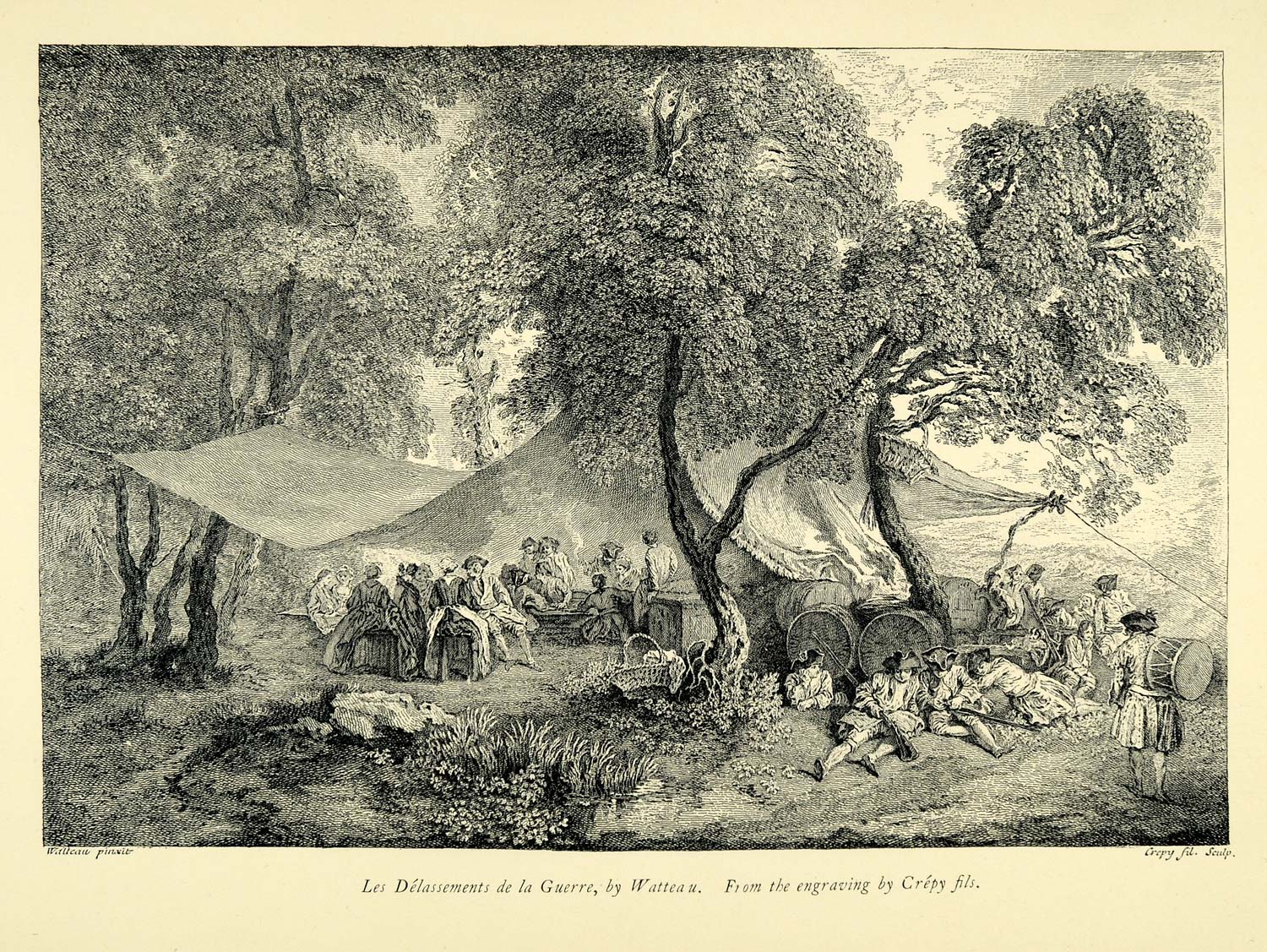1895 Print Jean Antoine Watteau Art War Relaxation Military Tent Encampment XAE4
