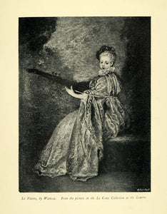 1895 Print Jean Antoine Watteau Art Ruff Colar Historical Dress Mandolin XAE4