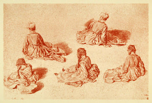 1895 Print Jean Antoine Watteau Sketch Art Seated Women Study British XAE4