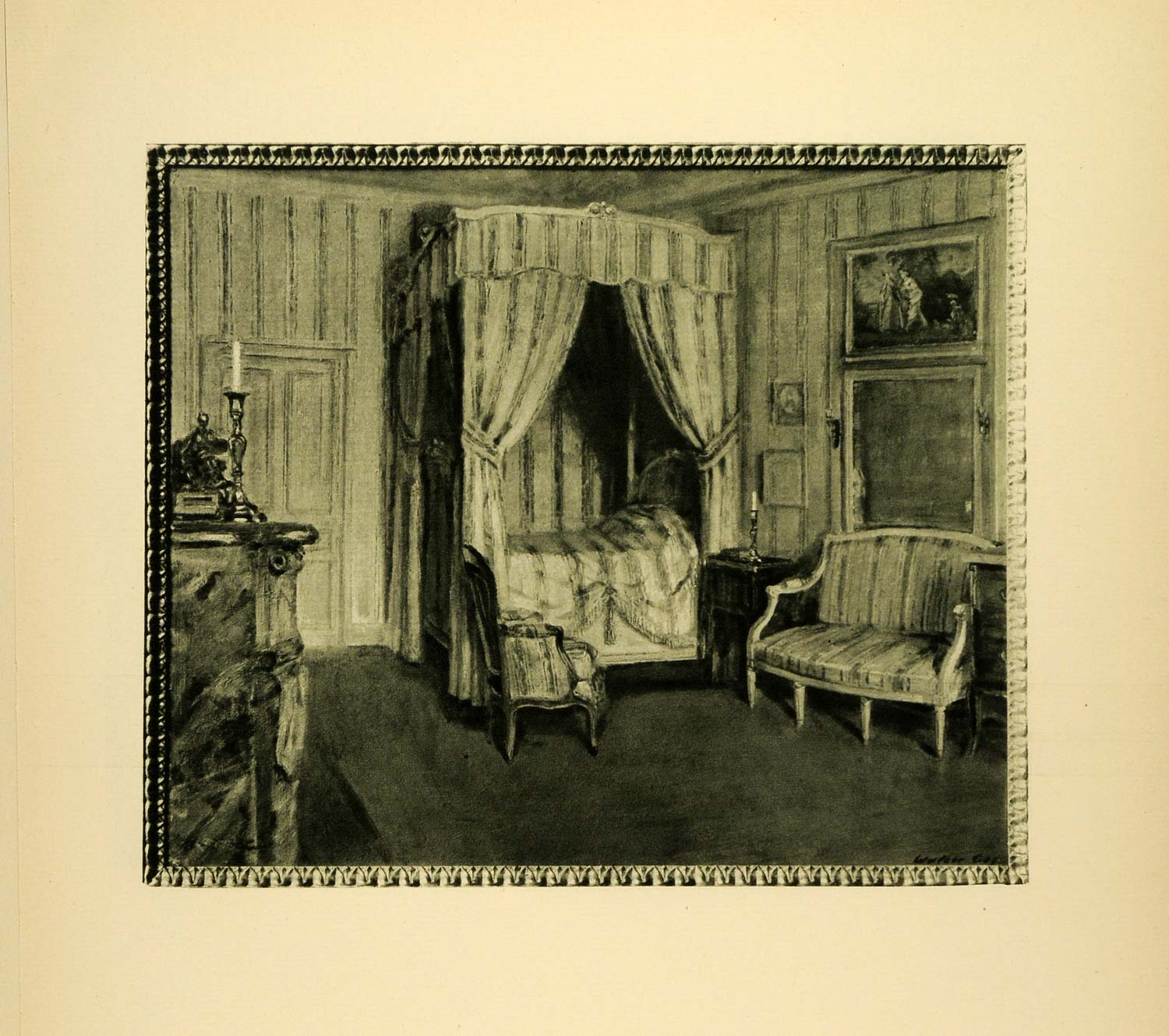 1920 Photogravure Yellow Bed Bedroom Chateau du Breau France Felix XAE6