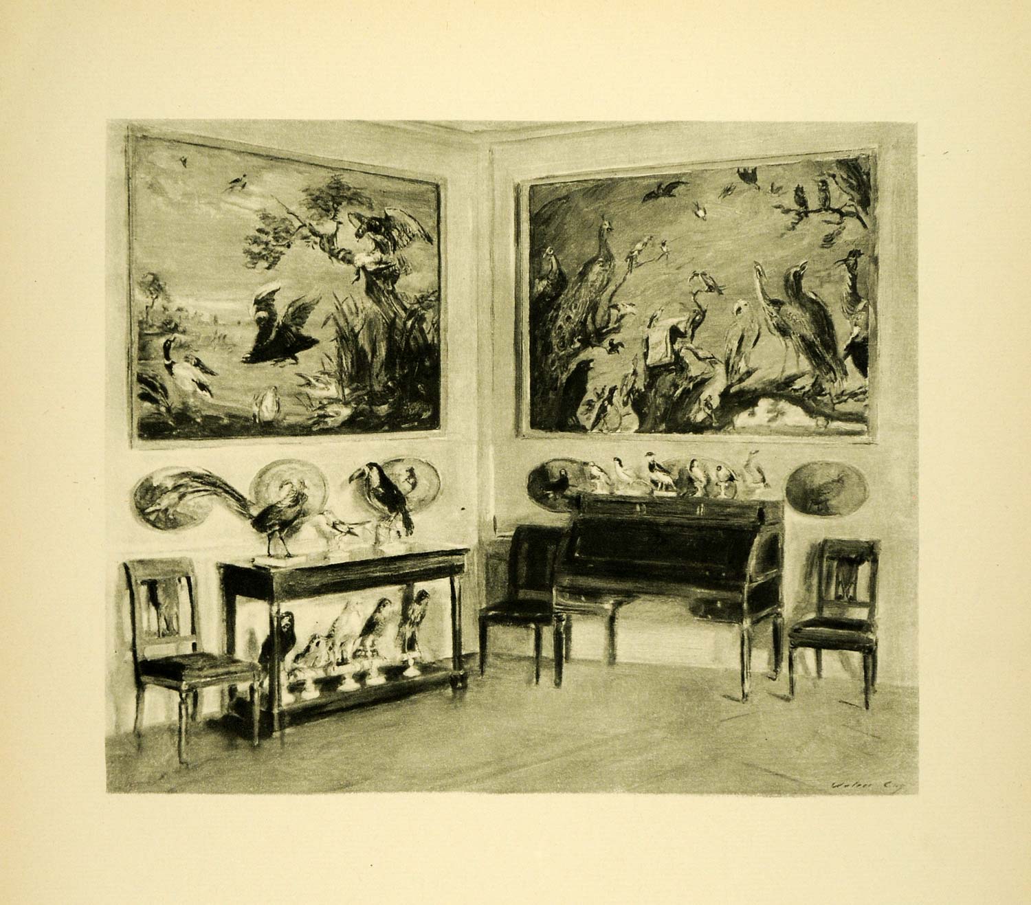 1920 Photogravure Orchestra Room Palace Fontainebleau Nicasseus Birds XAE6