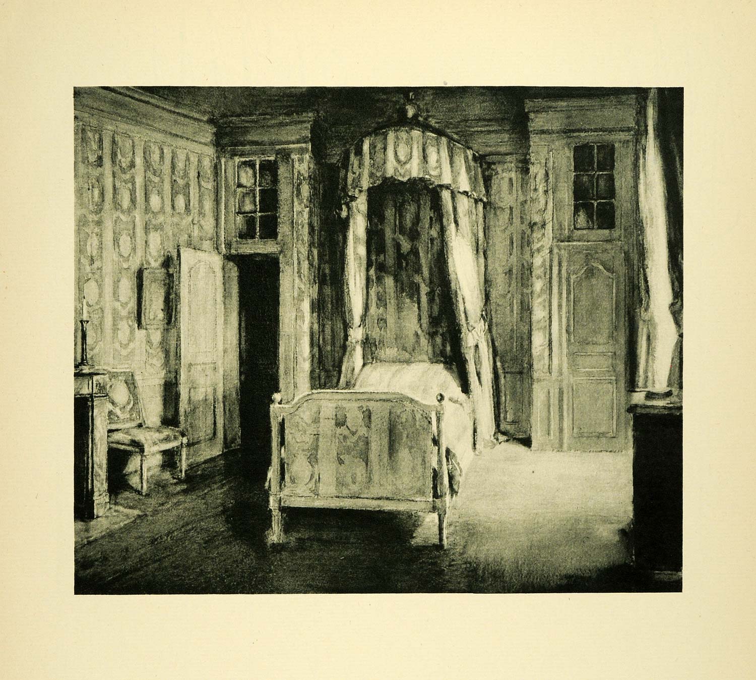 1920 Photogravure Blue Room Chateau du Breau France Louis XVI Furniture Bed XAE6