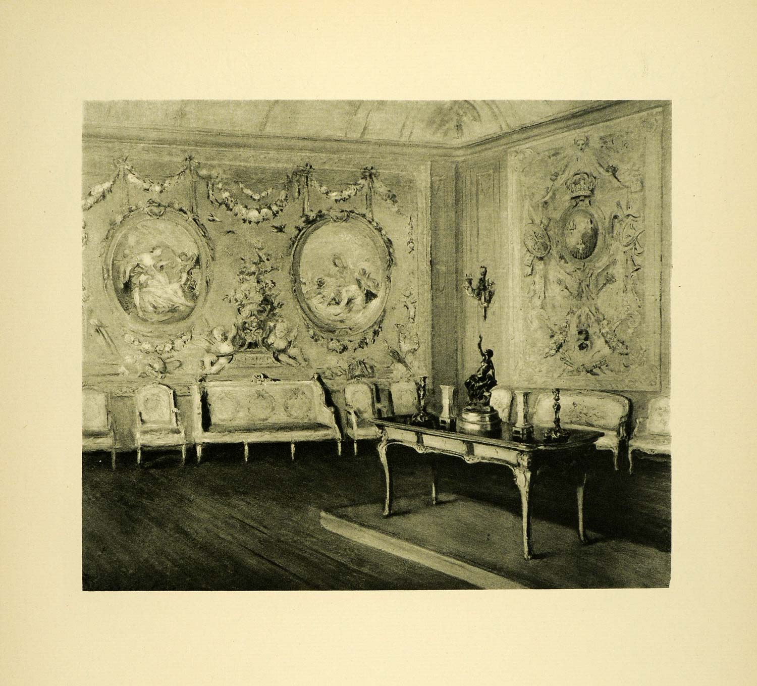 1920 Photogravure Tapisseries Roses Paris Tapestry Boucher Regence Table XAE6