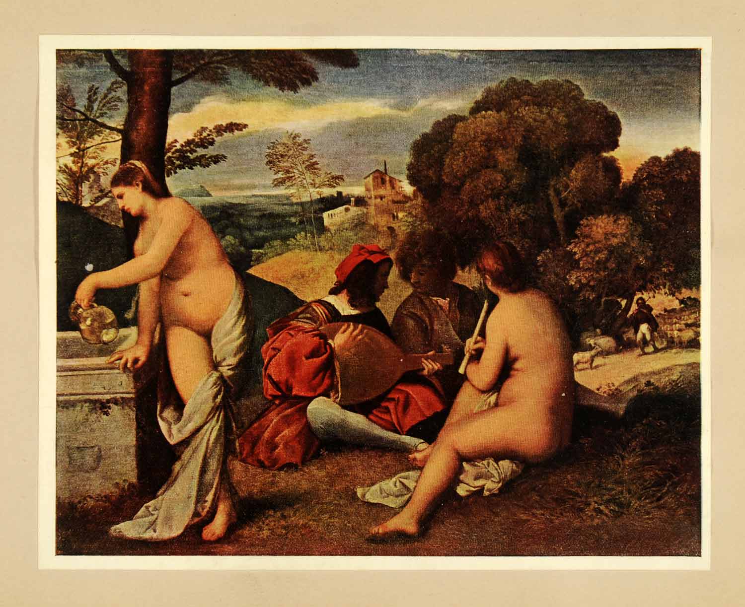 1914 Tipped-In Print Venetian Pastoral Giorgione Landscape Nude Women XAE9