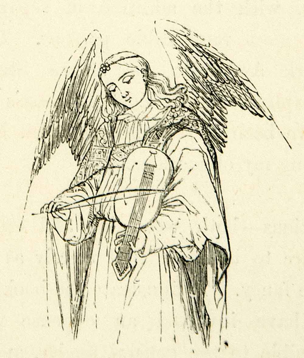 1872 Print Angel Wings Stringed Instrument Violin Bow Robe Music Religious XAEA2