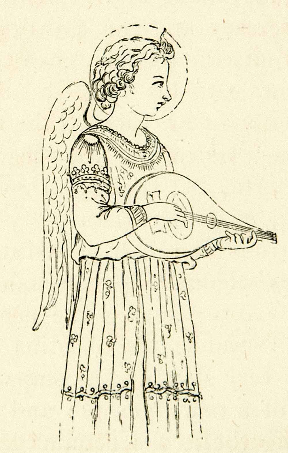 1872 Print Angel Wings Lute String Instrument Music Medieval Religious Art XAEA2