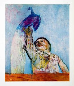 1965 Print Leonard Rosoman Boy With Peacock Bird Child Blue Perched Orange XAEA6