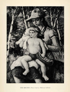 1941 Print Waldo Peirce Art Mother Son Child Boy White Birch Trees Toy XAF3