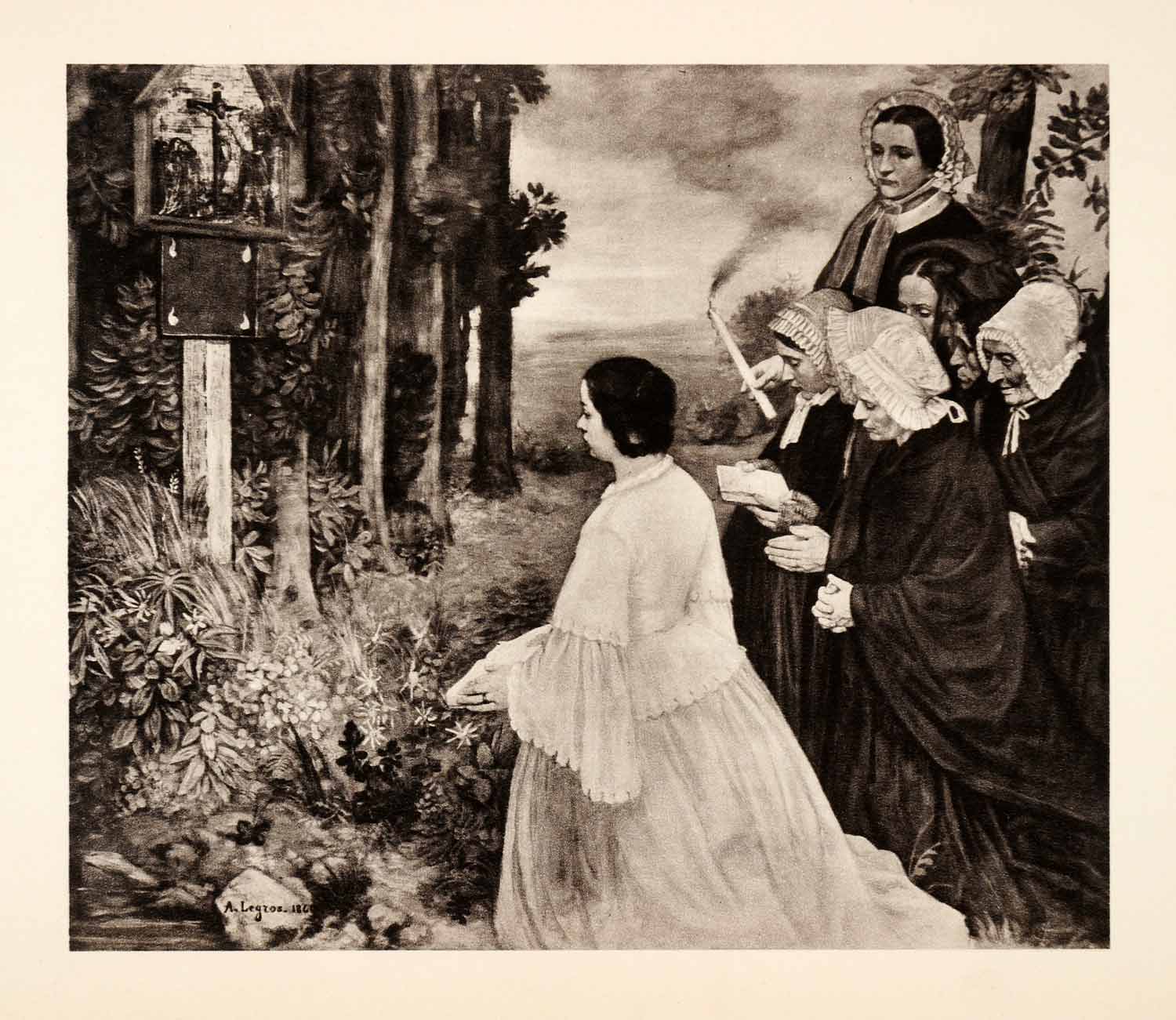 1936 Photolithograph Alphonse Legros Votive Offering Sacrifice Cross Women XAF5