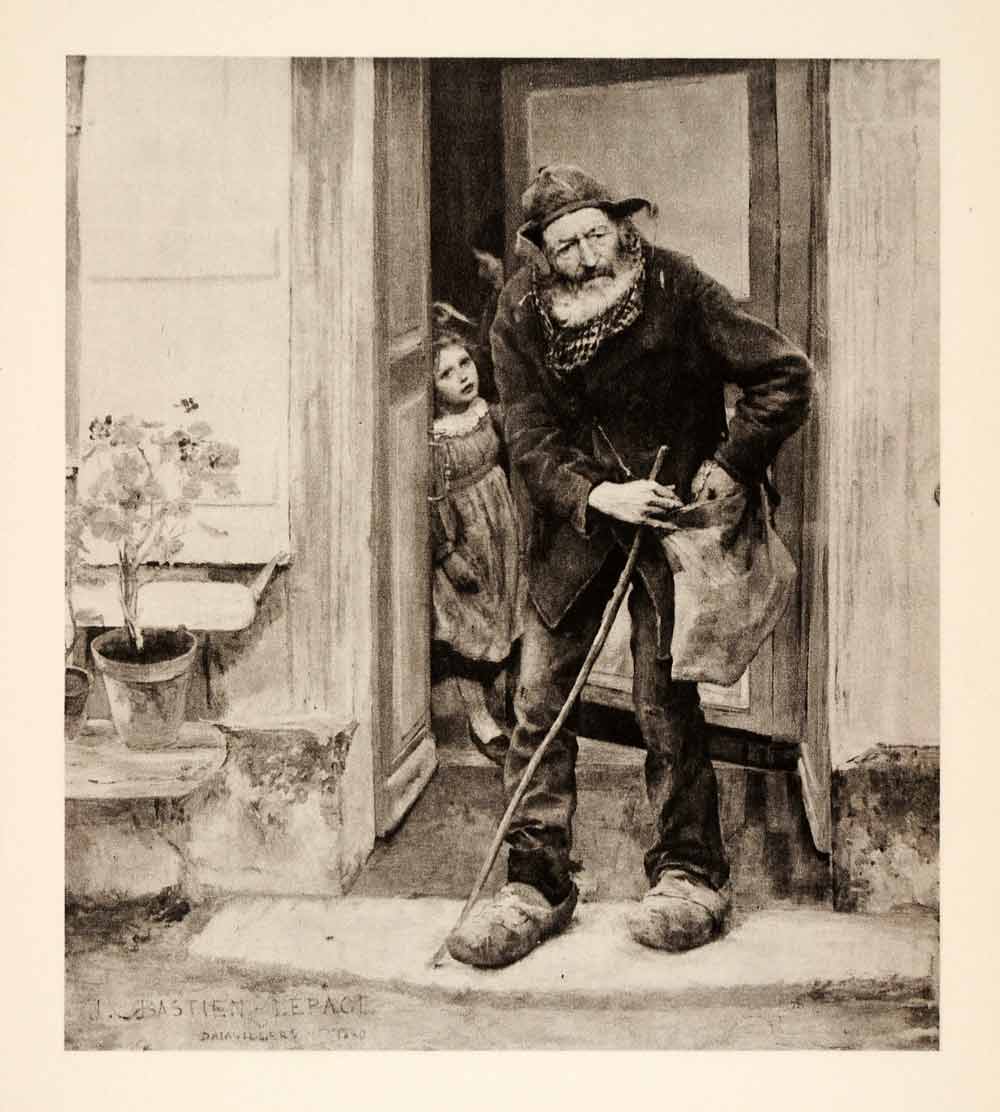 1936 Photolithograph Jules Bastien Lepage Beggar Child Old Man Poor XAF5