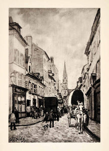 1936 Photolithograph Alfred Sisley Street Rouen City Town Horse Carriage XAF5