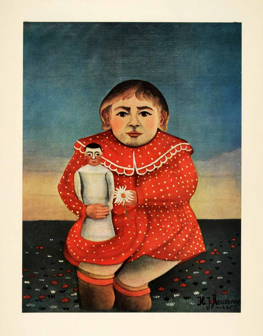 1951 Tipped-In Print Portait Child L'enfant a la Poupee Doll Henri Rousseau  XAF8