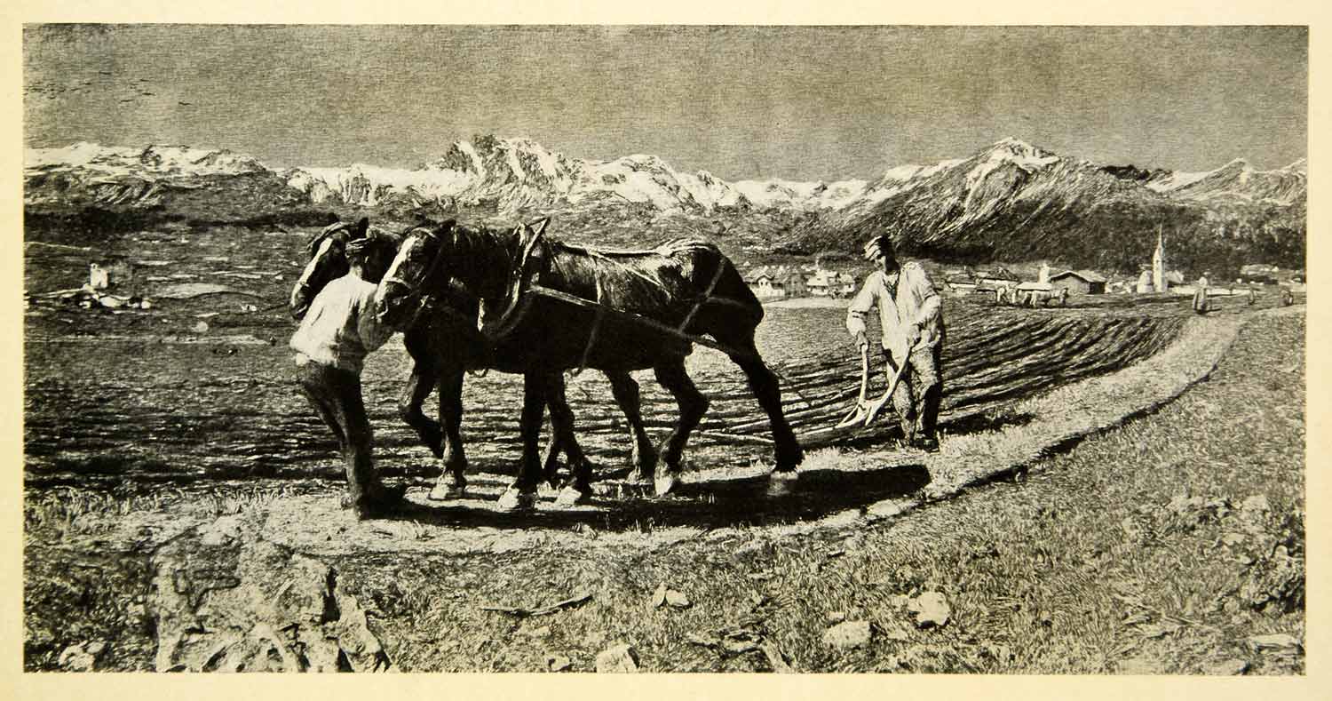 1908 Print Giovanni Segantini Art Horse Plow Engadin Swiss Alps Farm XAFA3
