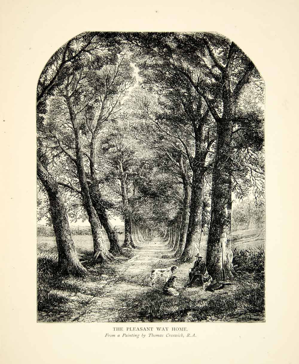 1901 Wood Engraving Thomas Creswick Art Pleasant Way Home Landscape Nature XAFA8