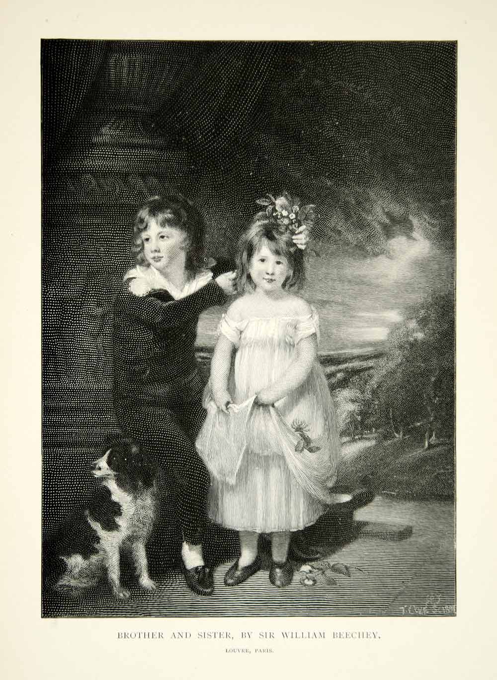 1902 Wood Engraving William Beechey Art Brother Sister Dog Pet Children XAFA9