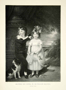 1902 Wood Engraving William Beechey Art Brother Sister Dog Pet Children XAFA9